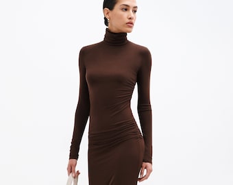 Brown Fitted Maxi Dress, Long Cocktail Dress, Turtleneck Dress, Dress with Slit, Long Sleeve Dress, Baxter Dress, Marcella - MD2104