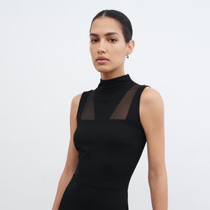 Mesh Cutout Dress, Midi Dress, Mockneck Dress, Geometric Cutouts, Sleeveless Cocktail Dress, Amelia Midi Dress, Marcella MD1976 Black 01-R