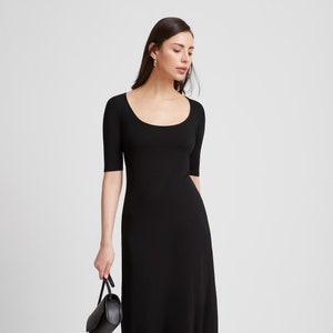 Black Scoop Neck Dress, Midi Dress, A-Line Dress, Half Sleeve Dress, Casual Dress, Short Sleeve Dress, Matilda Dress, Marcella - MD1998