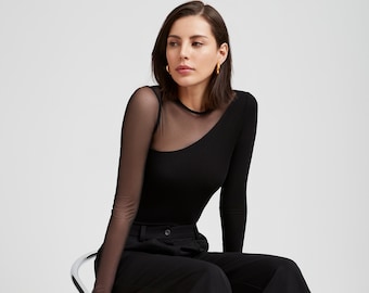 Mesh Cocktail Top, Long Sleeve Top, Long Sleeve Top with Mesh, Asymmetric Top, Mesh Cutout, Elegant Top, Milo Top, Marcella - MB1879