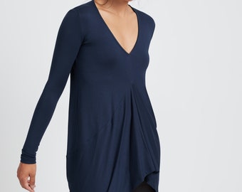 Edgy V-Neck Top, Unique Draped Top, High-Low Top, Black Casual Top, Long Sleeved Tunic, Asymmetric Blouse, Reade Top, Marcella - MB1766