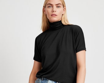 Asymmetric Batwing Shirt, Black Turtleneck Top, Short Sleeve Blouse, Batwing Sleeves, Draped Top, Relaxed Fit, Layla Top, Marcella - MB1815