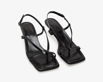 Black Strappy Sandals, Cocktail Sandals, Kitten Heels, Minimalist Evening Shoes, Italian Leather Sandals, Greta Sandals, Marcella - MS2047