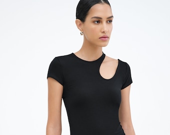 NEW Black Top, Shoulder Cutout Fitted Tee, Fitted Top With Asymmetric Cut Out, Short Sleeve Top, Crewneck Top, Rocio Top, Marcella - MB2254