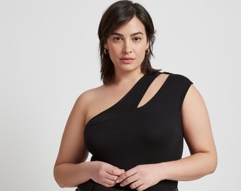 Asymmetrical Strap Sleeveless Top, Strappy Tank Top, Cut Out Tank, Fitted Sleeveless Tee, One Shoulder Top, Yara Top, Marcella - MB1804