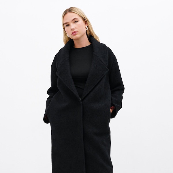 Classic Overcoat, Long Wool Coat, Black Minimalist Jacket, Collared Winter Coat, Long Black Coat, Elizabeth Wool Coat, Marcella - MC1397