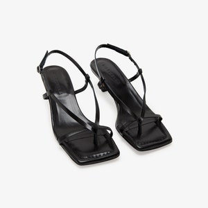 Black Strappy Sandals, Cocktail Sandals, Kitten Heels, Minimalist Evening Shoes, Italian Leather Sandals, Greta Sandals, Marcella MS2047 Black 01-J