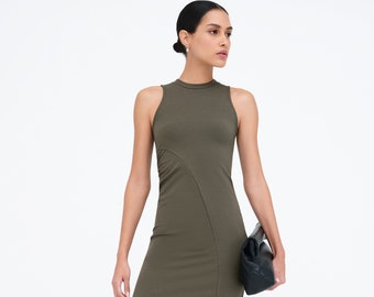 NEW Olive Fitted Dress, Day-To-Night Dress, Sleeveless Dress, Comfy Fitted Tank Dress, Casual Midi Dress, Reina Dress, Marcella - MD2220