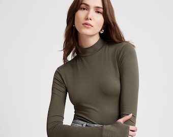 Fitted Mock Neck Top with Thumbholes, Dark Green High Neck Top, Long Sleeve Top, Fitted Long Sleeve Tee, Addy Top, Marcella - MB1874