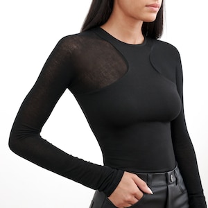 Sheer Black Cut Out Top, Long Sleeve Top, Geometric Cutout Top, Sheer Paneled Top, Fitted Top, Yada Top, Marcella MB2113 image 1