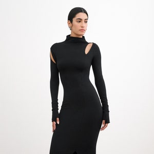 Casual Turtleneck Dress, Sporty Maxi Dress, Cutout Sweatshirt Dress, Black Athleisure Dress, Park Mock Neck Dress, Marcella - MD2121