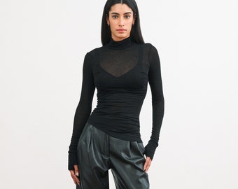 Sheer Fitted Mockneck Top with Thumbholes, Sheer Black Top, Fitted Long Sleeve, Ruched Top, Skye Mock Neck Top, Marcella - MB2093