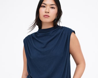 NEW Navy Blue Draped Detail Top, Sleeveless Top, Strong Shoulder Top, Drapey Tank, Muscle Tee, Relaxed Fit Top, Wilson Top, Marcella- MB1623