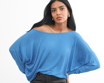 Sheer Sky Blue Top, Off Shoulder Top, Drapey Top, Long Sleeve Top, Boatneck Top, Batwing Sleeves, Echo Batwing Top, Marcella - MB0046