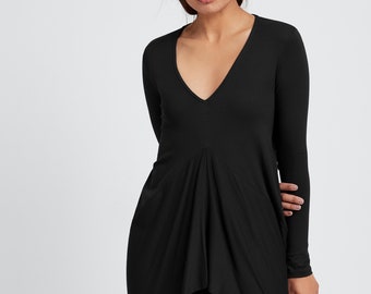 Unique Draped Top, High-Low Top, Black Casual Top, Deep V Neck Top, Long Sleeved Tunic, Asymmetric Blouse, Reade Top, Marcella - MB1766