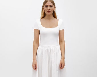 Off White Casual Dress, Short Sleeve Dress, Dress with Full Skirt, White Day Dress, Sun Dress, Sierra Dress, Marcella - MD1967