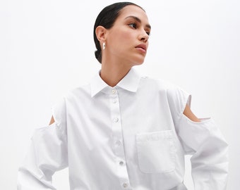 White Cutout Oxford Shirt, Collared Button Up Shirt, Oversized Shirt, Cutout Sleeves, Downtown Boyfriend Shirt, Marcella - MB2138