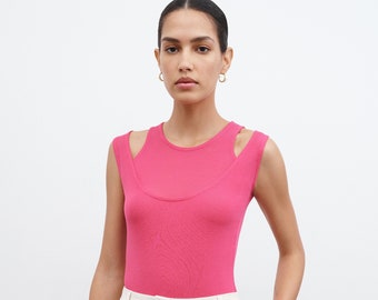Hot Pink Tank Top, Sleeveless Top, Fitted Top, Cutout Top, Casual Top, Fitted Tank, Double Layer Top, Thea Top, Marcella - MB0861