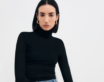 Fitted Turtleneck Top with Thumbholes, High Neck Top, Long Sleeve Top, Fitted Long Sleeve Tee, Eloise Turtleneck Top, Marcella - MB1735