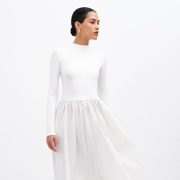 Off white Mockneck Kleid, Langarm Kleid, Maxi Kleid, Kleid mit Tellerrock, Lässiges Weißes Kleid, Fillmore Kleid, Marcella - MD2094