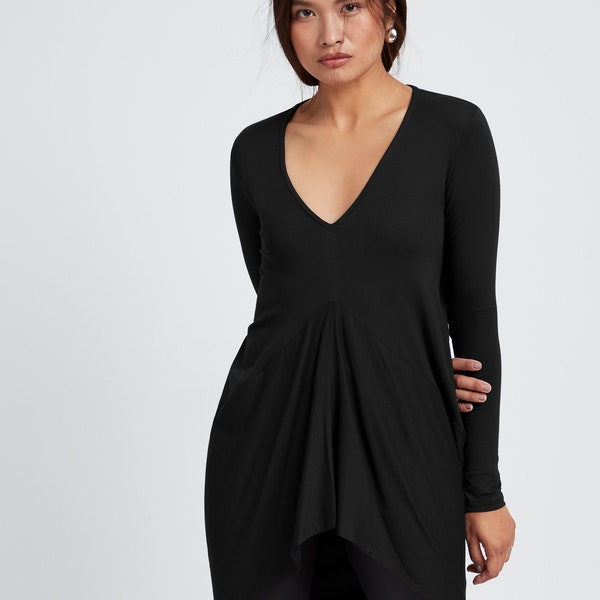 Unique Draped Top, High-Low Top, Black Casual Top, Deep V Neck Top, Long Sleeved Tunic, Asymmetric Blouse, Reade Top, Marcella - MB1766