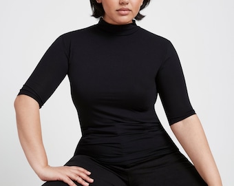 Essential Mock Neck Shirt, Fitted Blouse, Half Sleeve Top, Black Minimalist Blouse, Ana Mock Neck Top, Marcella - MB1261