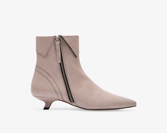 Taupe Leather Booties, Kitten Heel Boots, Side Zip Boots, Pointed Ankle Boots, Italian Leather Boots, Serena Boots, Marcella - MS2158