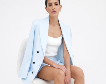 PREORDER Light Blue Linen Blazer, Cotton Lined Blazer, Double Breasted Blazer, Oversized Lapel Blazer, Linden Blazer, Marcella - MC2324