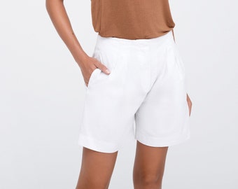 NEW White High-Waisted Linen Shorts, Pleated Shorts, Wide Leg Shorts, Tailored Shorts for Women, Kingsbridge Shorts, Marcella - MP2325