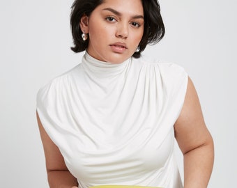 High Neck Draped Detail Top, Mock Neck Top, Cap Sleeve Blouse, Unique Neckline Top, Modest Summer Top, Delancey Top, Marcella - MB1623