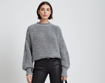 Puff Sleeve Sweater, Ribbed Cuff Sleeve Sweater, Crew Neck Knit Sweater, Oversized Knitted Sweater, Audrey Sweater, Marcella - MB1746