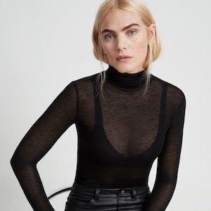 Sheer Fitted Turtleneck Top with Thumbholes, Long Sleeves, Fitted Long Sleeve Tee, Eloise Sheer Turtleneck Top, Marcella - MB1735