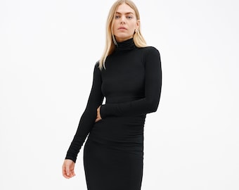 Black Fitted Maxi Dress, Long Cocktail Dress, Turtleneck Dress, Dress with Slit, Long Sleeve Dress, Baxter Dress, Marcella - MD2104