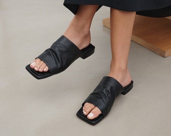 Black Leather Slides, Open Toe Slides, Statement Flats, Designer Flats, Summer Sandal, Square Toed Slides, Lisbet Sandals, Marcella - MS2016