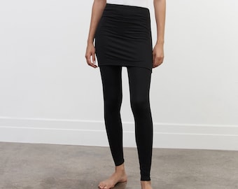 Black Leggings with Skirt, Fitted Stretch Pants, Yoga Pants with Attached Skirt, Athleisure, Burke Skirted Leggings, Marcella - MP1868