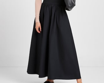 Long Cotton Skirt, Black A-Line Skirt, Maxi Skirt, Pleated Skirt, High Waisted Skirt, Casual Skirt, Raven Skirt, Marcella - MP1988