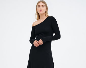 NEW Black Midi Dress, Knee Length Dress, Off Shoulder Dress, Asymmetric Dress, Long Sleeve Dress, Angela Dress, Marcella - MD2225