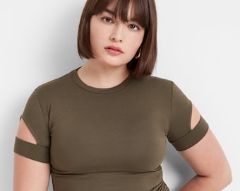 Olive Green Top, Cutout Fitted Tee, Fitted Top, Top With Cut Out Sleeves, Short Sleeve Top, Crewneck Top, Kent Top, Marcella - MB1974