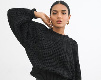 Oversized Chunky Knit Sweater, Balloon Sleeve Sweater, Crew Neck Knit Sweater, Oversized Sweater, Lark Sweater, Marcella - MB2146