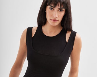 Black Tank Top, Sleeveless Top, Fitted Top, Cutout Top, Casual Top, Fitted Tank, Double Layer Top, Thea Top, Marcella - MB0861