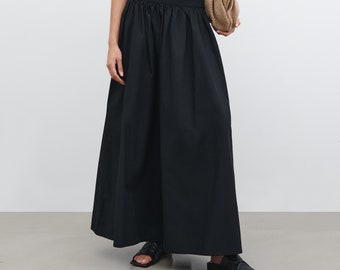 Long Cotton Skirt, Black A-Line Skirt, Maxi Skirt, Pleated Skirt, High Waisted Skirt, Casual Skirt, Raven Skirt, Marcella - MP1988