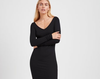 Black Casual Dress, Maxi Sweatshirt Dress, Long Sleeve Dress, Wide V-Neck Dress, Fitted Sweatshirt Dress, Lyric Dress, Marcella - MD1913