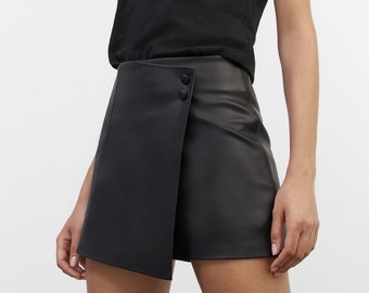 Faux Leather Skirt, Vegan Leather Mini Skirt With Shorts, Matte Leather, Asymmetric Short Skirt, Lindy Skort, Marcella - MP1955