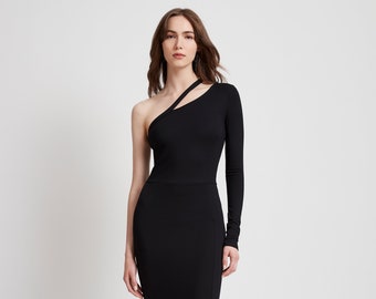 One Shoulder Dress, Asymmetric Black Dress, Cocktail Slit Gown, Long Sleeve Dress, Cutout Cocktail Dress, Lydia Dress, Marcella - MD1890