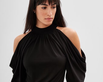 Black Cold Shoulder Blouse, Black Cutout Top, Long Sleeve Top, Fitted Top, Puff Sleeve Top, Perry Cold Shoulder Top, Marcella - MB1962