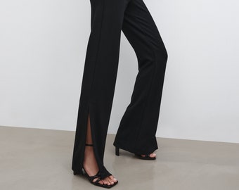 Black Split Hem Trousers, Black Pants, High Waist Trouser, Dressy Pants, Flared Pants, Side Slit Pant, Pearson Pants, Marcella - MP2028