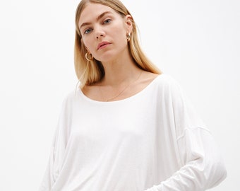 NEW Sheer Off White Top, Off Shoulder Top, Drapey Top, Long Sleeve Top, Boatneck Top, Batwing Sleeves, Echo Batwing Top, Marcella - MB0046