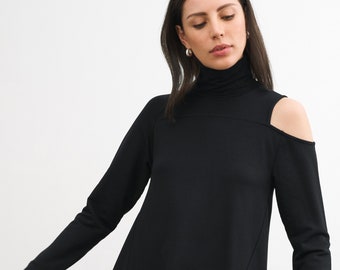 Slouchy Sweatshirt Top, Black Turtleneck Tunic, Oversized Cutout Top, Long Sleeved Tunic, Zoya Sweatshirt Tunic, Marcella - MB2014