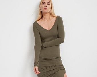 Olive Green Casual Dress, Long Sleeved Dress, Sweatshirt Dress, V-Neck Dress, Fitted Sweatshirt Dress, Barrow Dress, Marcella - MD1887