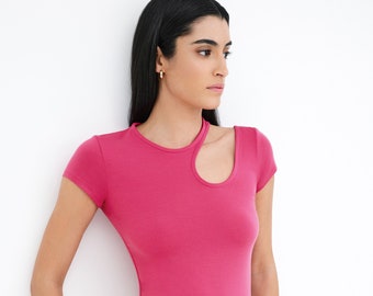 NEW Pink Top, Shoulder Cutout Fitted Tee, Fitted Top With Asymmetric Cut Out, Short Sleeve Top, Crewneck Top, Rocio Top, Marcella - MB2254